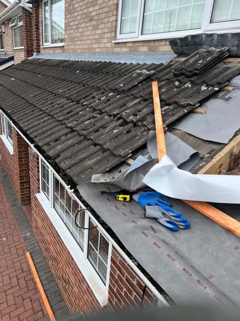 This is a photo of a pitched roof which is being repaired. The existing roof was leaking badly. Works carried out by MCM Roofing Repairs Sturminster Newton